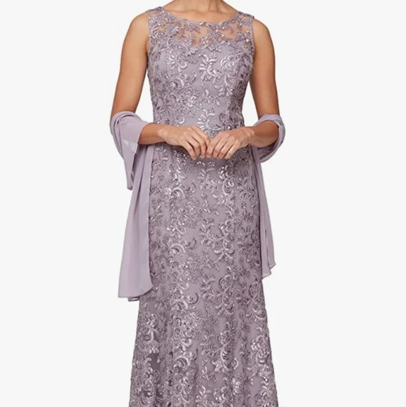 chinese dress ladies Alex Evenings Petite Sleeveless Corded Fit and Flare Dress with Shawl Ice Sage / 14p